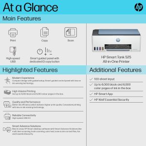 HP Smart Tank 525 All-in-one Colour Printer (Upto 6000 Black and 6000 Colour Pages Included in The Box). - Print, Scan & Copy for Office/Home