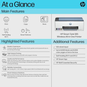 HP Smart Tank 585 All-in-One WiFi Colour Wireless Home Inkjet Printers(Upto 4000 Black and 6000 Colour Pages Included in The Box). - Print, Scan & Copy for Office/Home