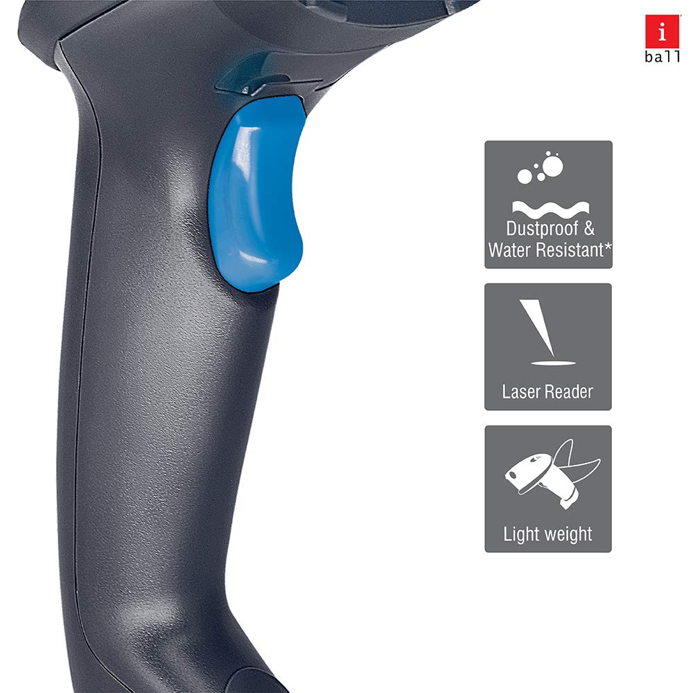 iBall LS-392 Wired USB Optical Laser High Speed 1D Barcode Scanner Reader I 32 Bit CPU I Laser Reader I Dust Proof Water Resistant I Drop Test I - Grey