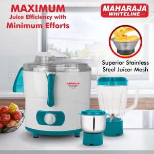 Maharaja Whiteline Mark Deo Juicer Mixer Grinder with 2 Jars, 450W - JX1-164 (White & Turquoise Blue)