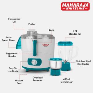 Maharaja Whiteline Mark Deo Juicer Mixer Grinder with 2 Jars, 450W - JX1-164 (White & Turquoise Blue)