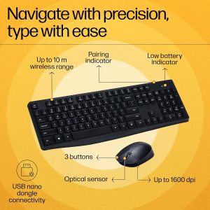 HP CS10 Wireless Keyboard Mouse Combo/2.4 GHz Wireless Connection/Ergonomic Design/Energy and Electricity Saving/Plug and Play, Intelligent Dormancy/Drop Key Cap/ 1600 dpi/Black (7YA13PA)